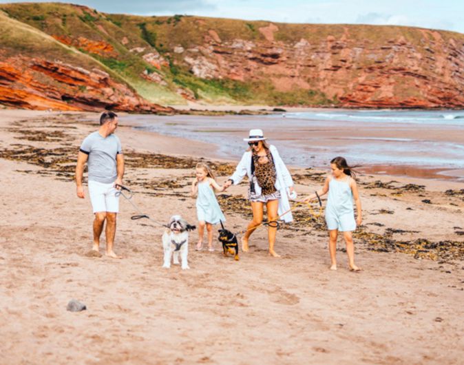 Family on beach with dog
