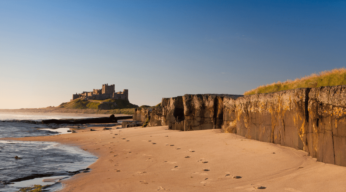 Bamburgh beach with Castle in distance